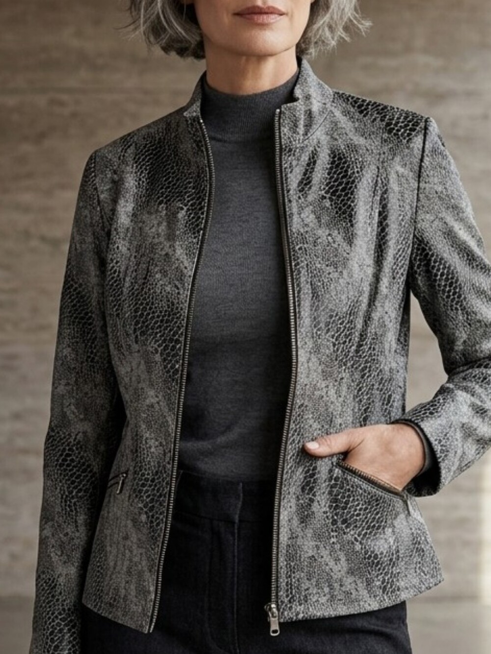 Notations Gray and Black Faux Snakeskin Zip Jacket In Petite Large
